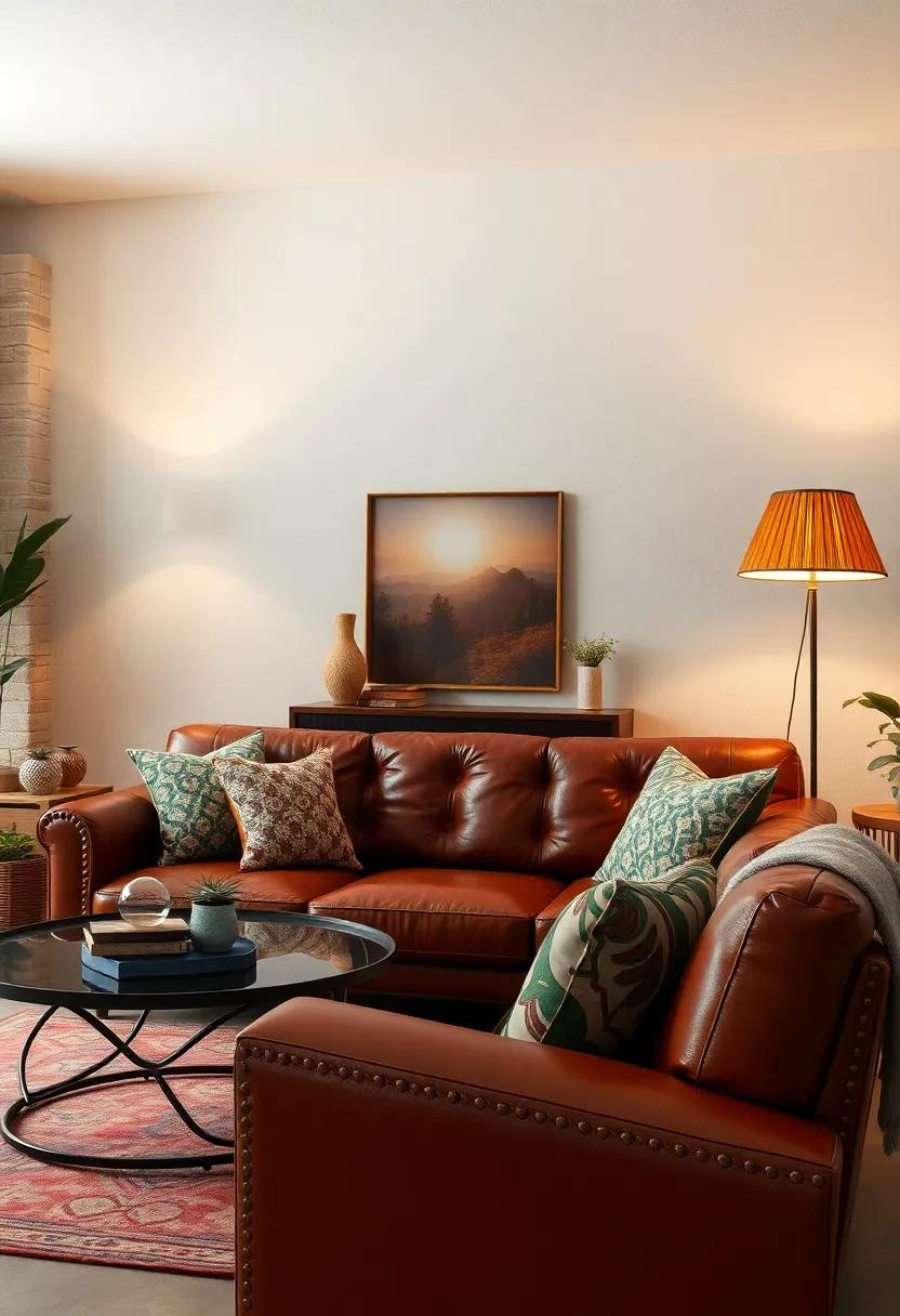 Distinctive Retro Lampshades Casting Warm ⁢Shadows Over a ​Vintage Leather Couch and Patterned‌ Pillows