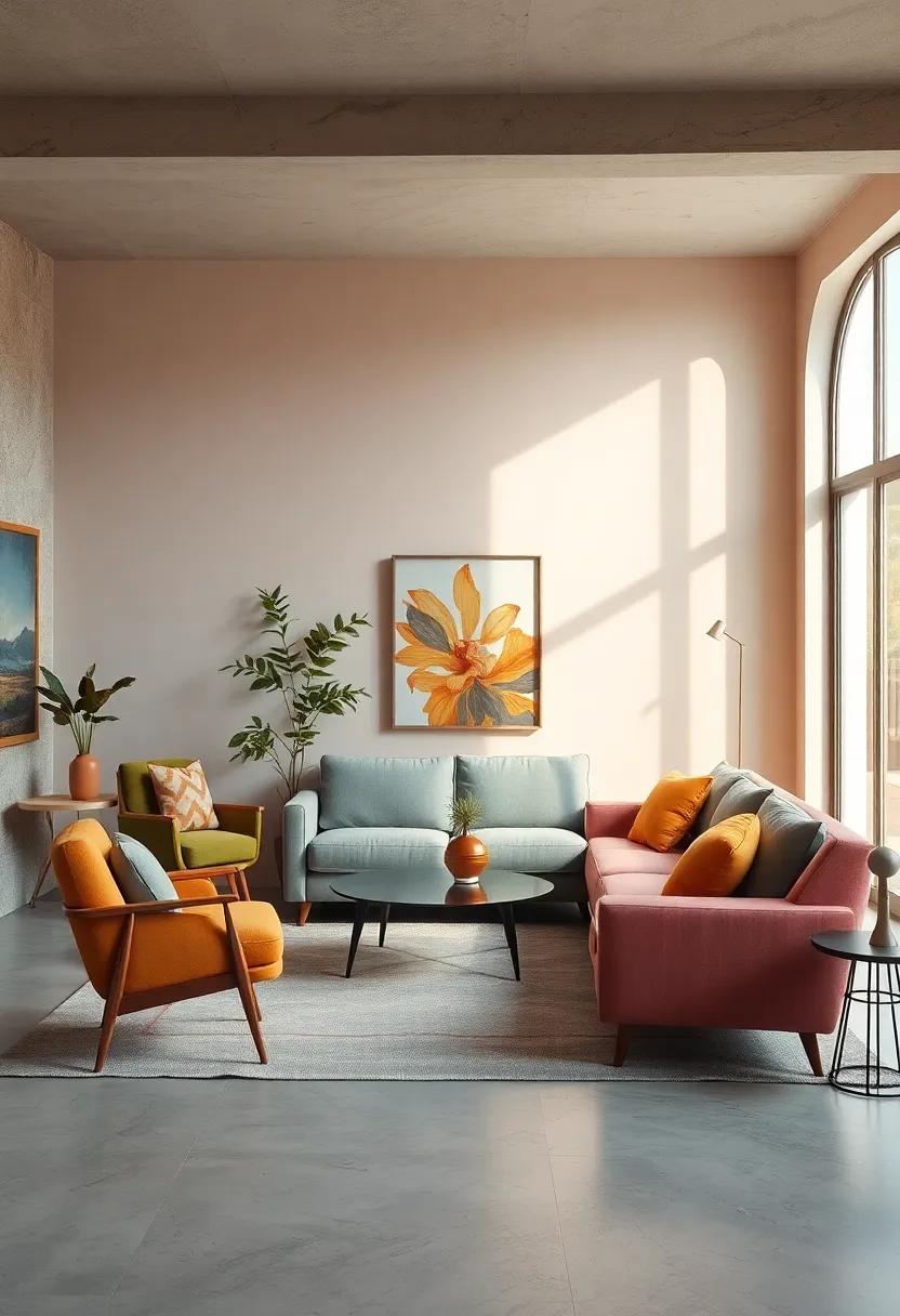 Muted Pastel Walls ⁤Highlighting a Vibrant Retro Sofa Set and Mid-Century Furniture Compositions