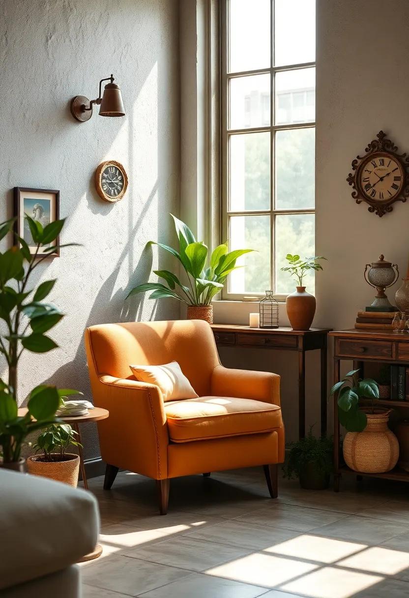 A Statement Retro Armchair Occupying a ⁤Sunlit Corner with potted Greenery and Antique⁣ Decor