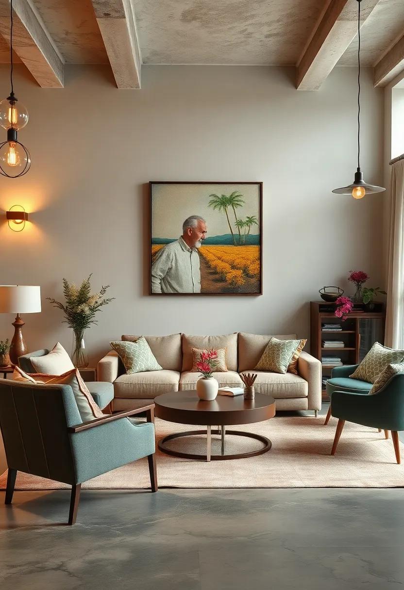 Mid-Century Inspired ⁤Wall art Balancing Retro Sofas and Elegant Vintage Lighting Fixtures in a Living Room