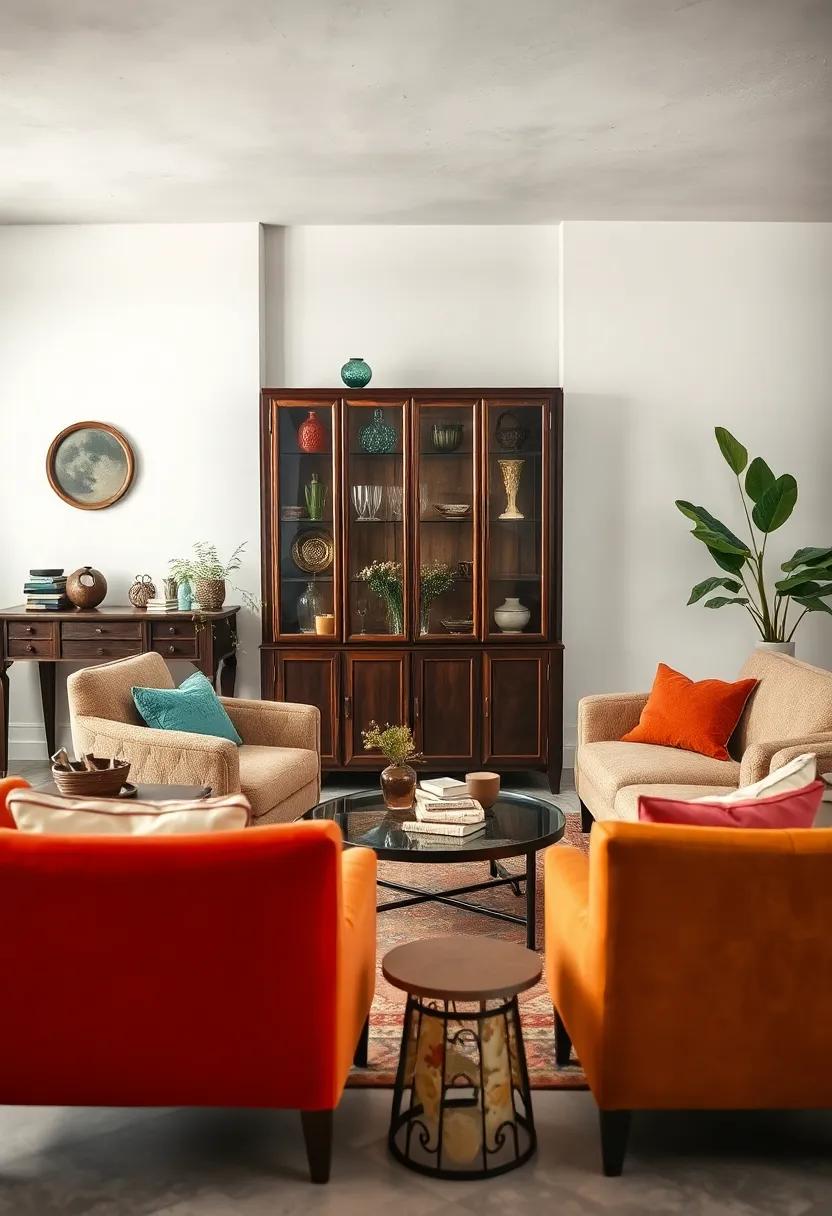 A Vintage​ Glass display ‌Cabinet Filled with ‌Retro Glassware and Classic Decor Items in a ⁣Serene Living Room