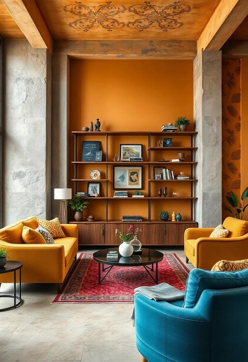 Rounded Retro Shelving Units ‍Showcasing ‌curated Memorabilia Against Warm Toned‍ Walls in ⁤a Vintage Setting