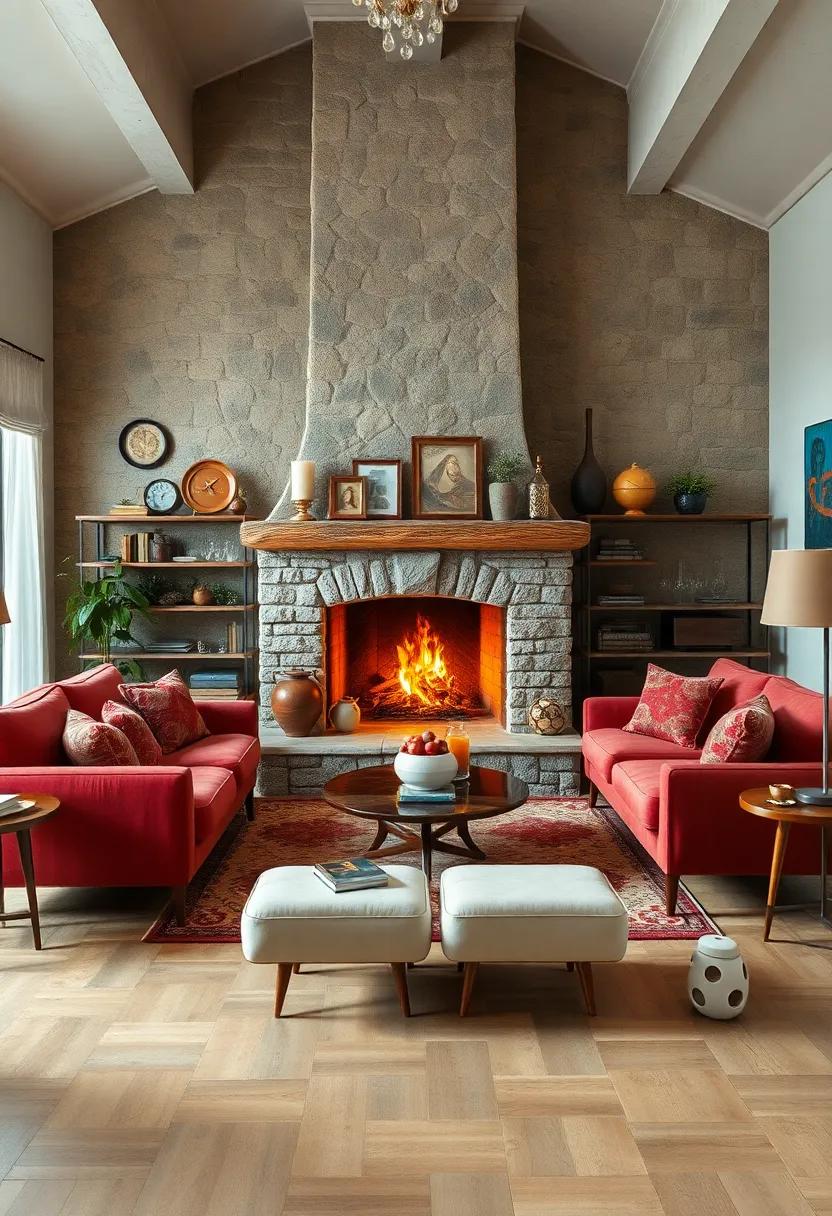 A⁤ Cozy Fireplace Surrounded by Retro sofas and Vintage‌ Knickknacks Evoking Nostalgia in a Warm Living Space