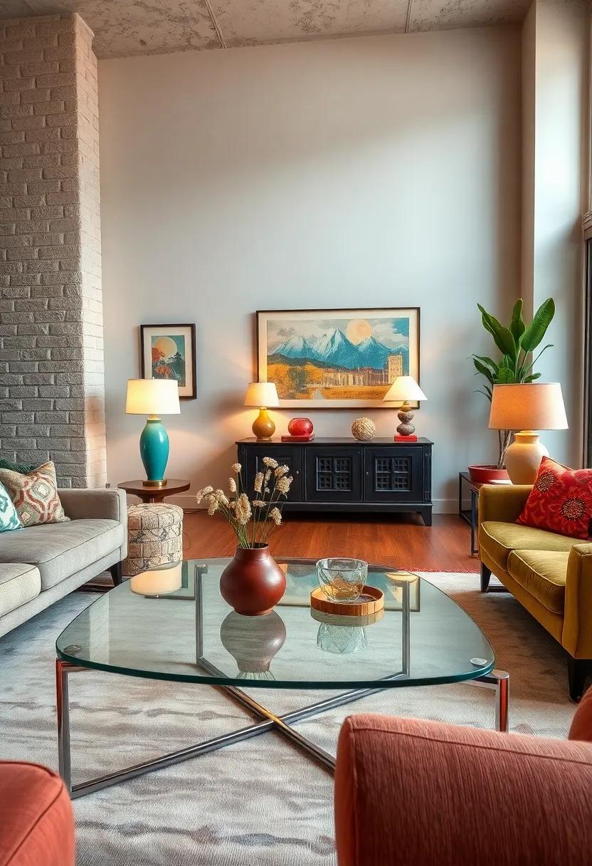 Glass Coffee Tables Reflecting Vintage Lamps and Retro Art in an Eclectic Living Room