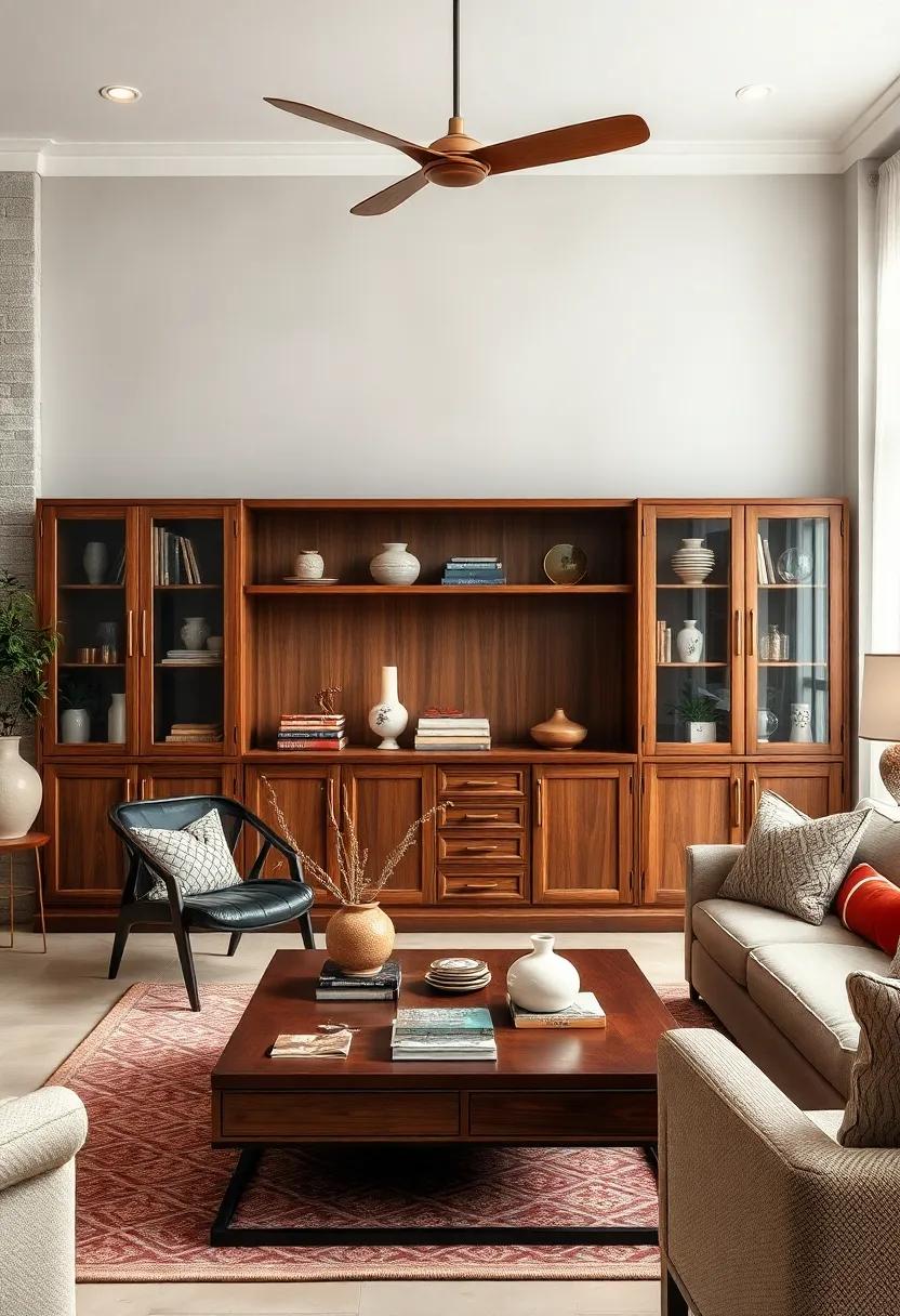 Rich ⁢Walnut Wood cabinets Displaying Retro Ceramic Vases‍ and Antique Books in a Vintage Setting