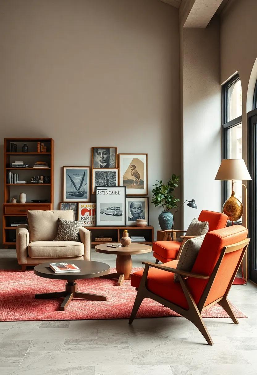 Retro ‍Magazine ‍Racks Filled with Vintage Prints Positioned Beside Mid-Century Lounge Chairs in a Living Room