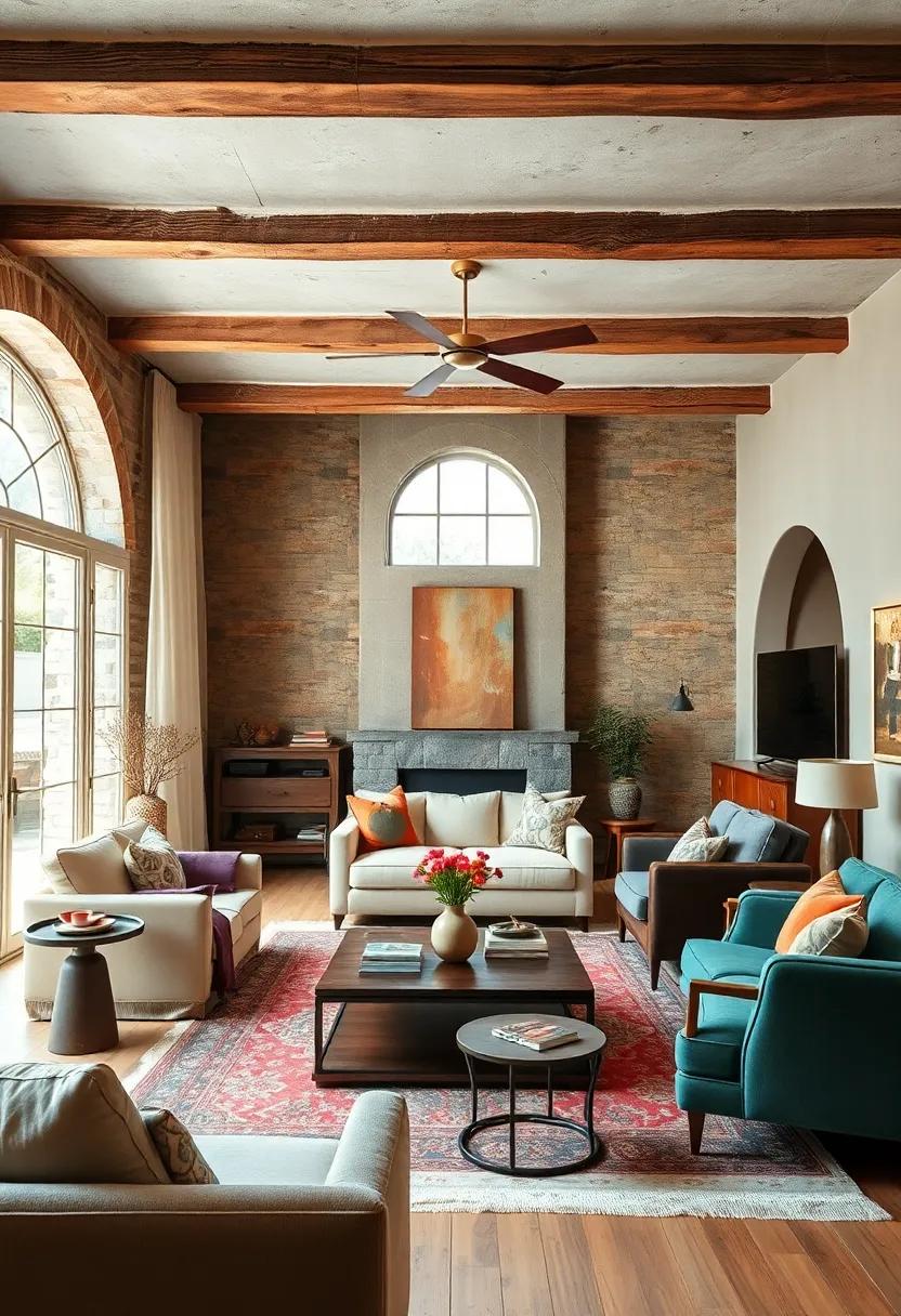 Rustic Wooden Beams Highlighting the ⁣Authentic Vintage Character of a Retro Furnished Living Room