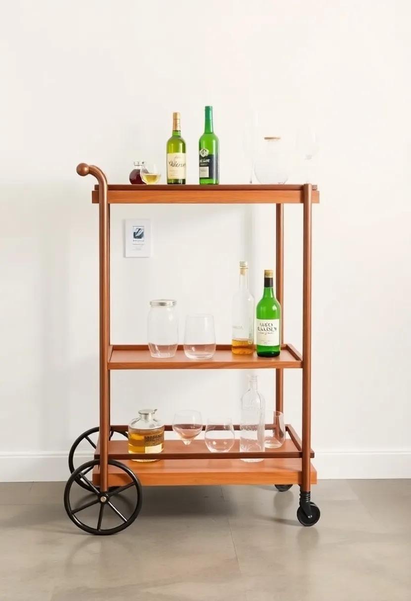 Classic Rolling Cart: A timeless wooden design with three tiers, ⁢ideal⁣ for displaying your finest spirits and glassware