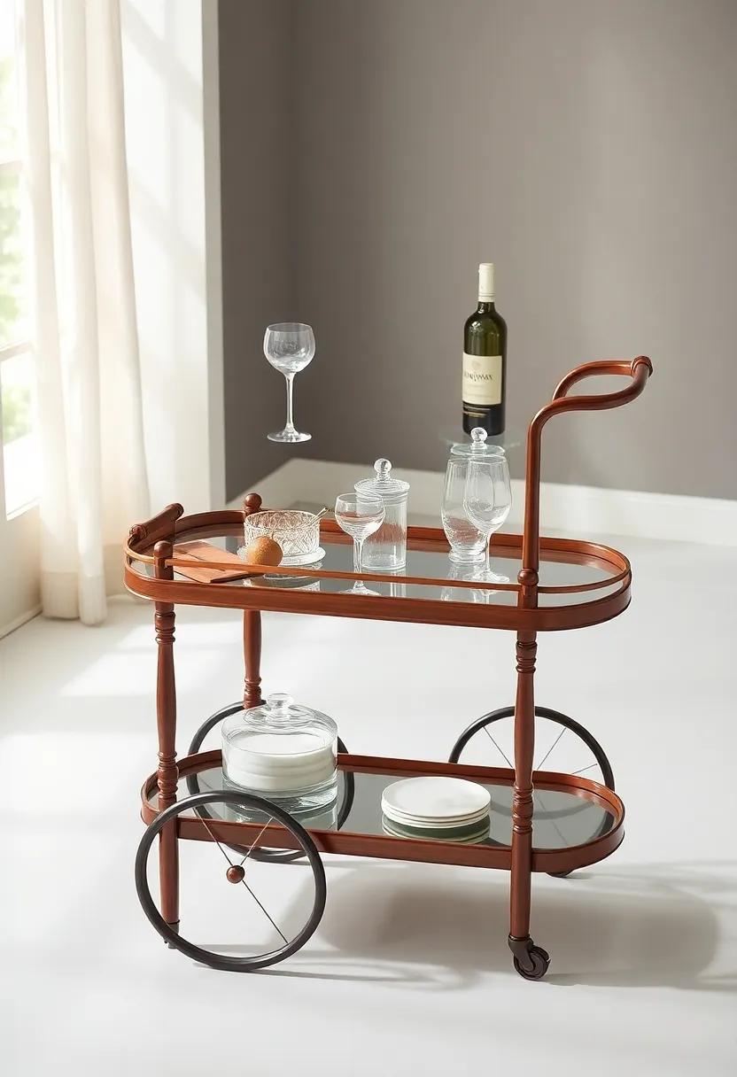 English tea‌ Cart: Timeless elegance with its classic⁢ spindle legs and rich⁣ mahogany​ finish, ideal for a sophisticated⁢ tea⁢ or cocktail party