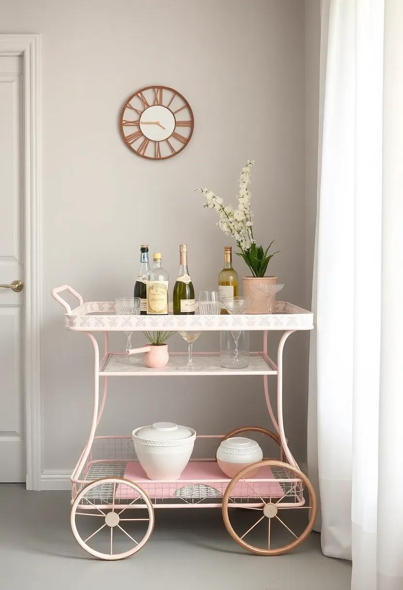 French Country Design: Soft ‌pastels and delicate patterns on this bar cart create ‌an‍ inviting atmosphere for a cozy gathering