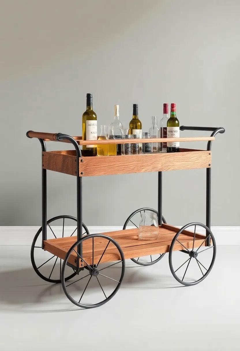 Rustic Chic ‌Charm: A reclaimed wood ⁢bar cart adorned⁤ with industrial ⁣metal wheels, perfect for those who love farmhouse style