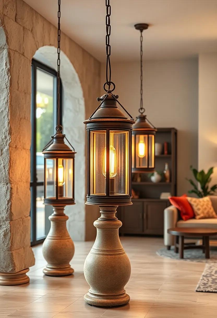 Antique Ceramic Bases Supporting Elegant Lantern Shades Bathed in Warm Vintage Light