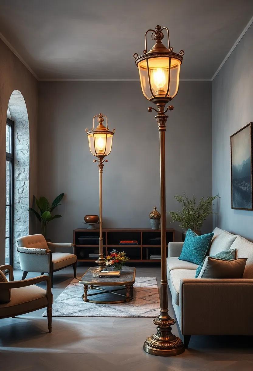 Victorian Brass Floor Lamps Standing tall with Ornate Detail and Soft, Diffused Lighting