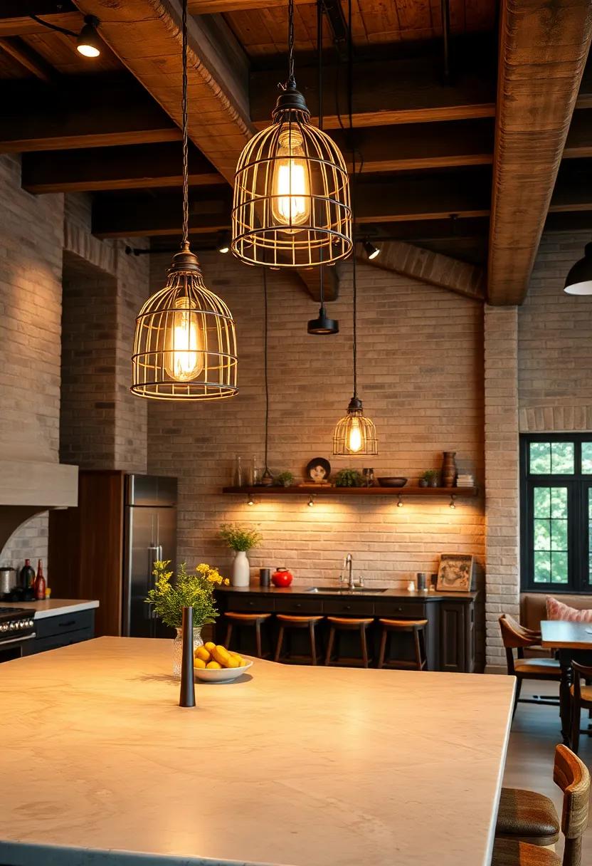 Vintage-Inspired Cage Pendants Hanging Over Rustic Kitchen Islands with Inviting Glow