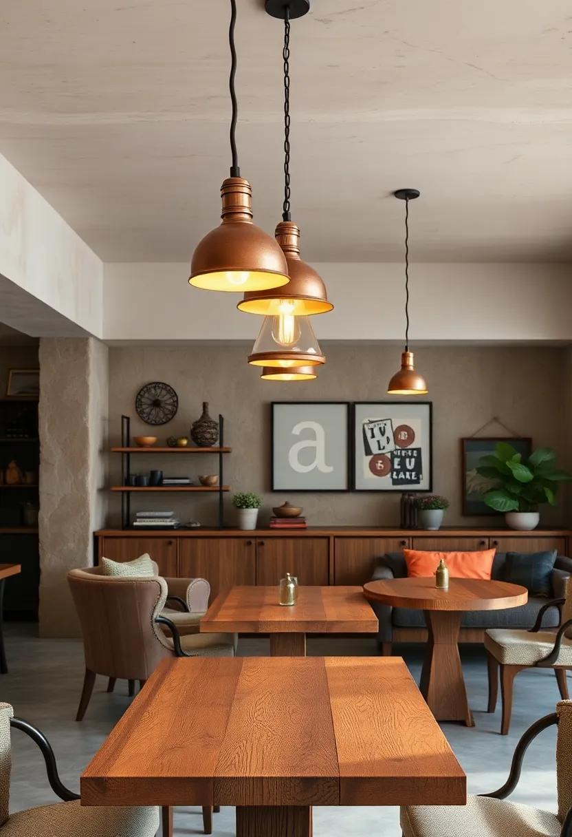 Weathered Copper Pendant Lights Suspending Soft Illumination Over Antique wooden Tables