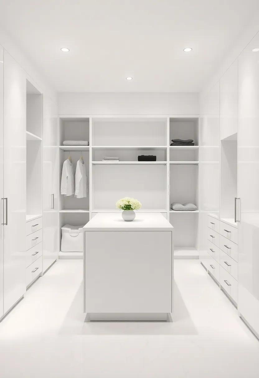 Embrace Minimalism: A sleek, all-white ‌walk-in wardrobe features a central ⁣island with open shelving, creating a bright and airy feel while maintaining organization
