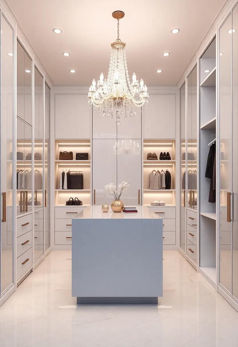 Glamorous Touch: Opt for‌ a high-gloss ‌finish on the central island, complemented ‌by a stunning chandelier ‍hanging above to elevate the elegance of your wardrobe space