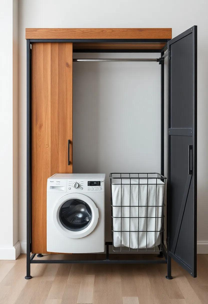 Industrial Chic: Featuring a ⁣blend of metal‌ and⁣ wood, ⁤this ‍wardrobe incorporates ‍a metal-framed laundry basket, striking a perfect balance ⁢between rugged and refined
