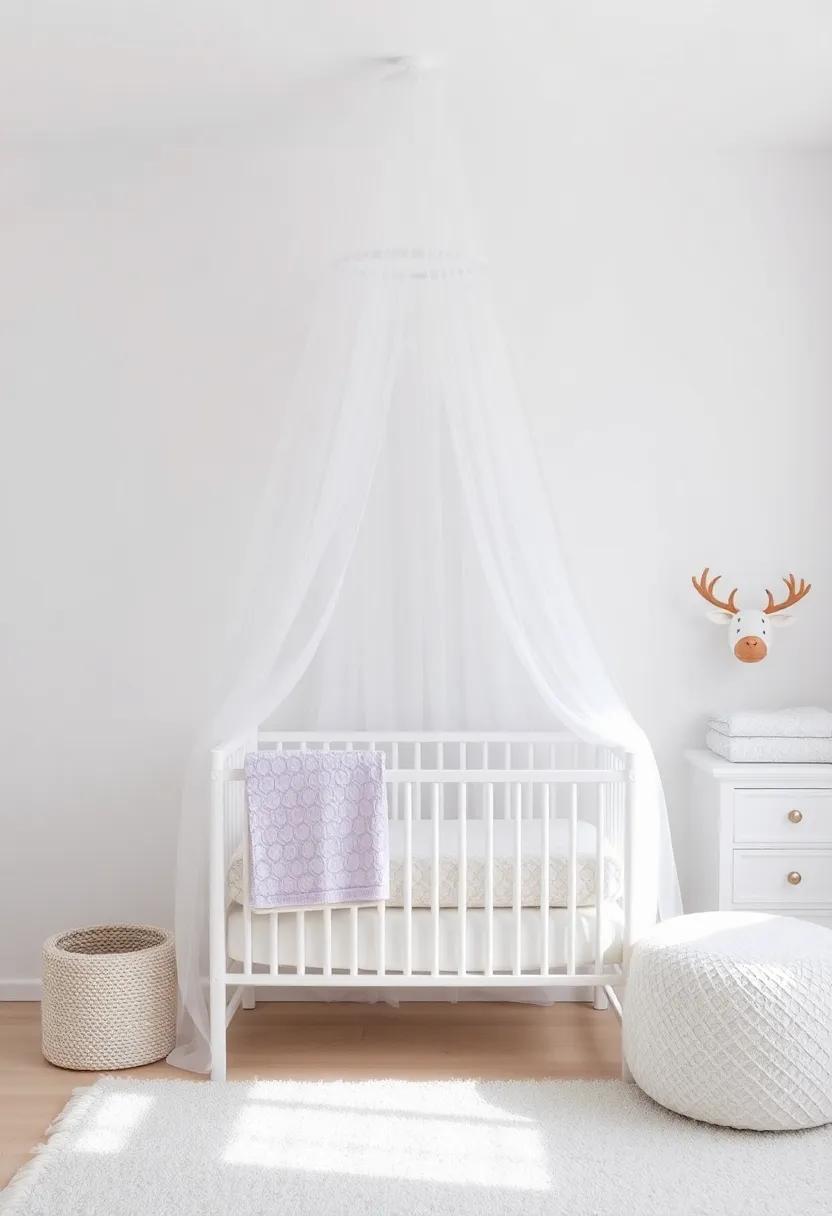 Add​ a Canopy: Create a ‌fairy-tale⁤ ambiance⁢ by⁤ draping a sheer white or lavender canopy above⁣ the crib or‍ changing table