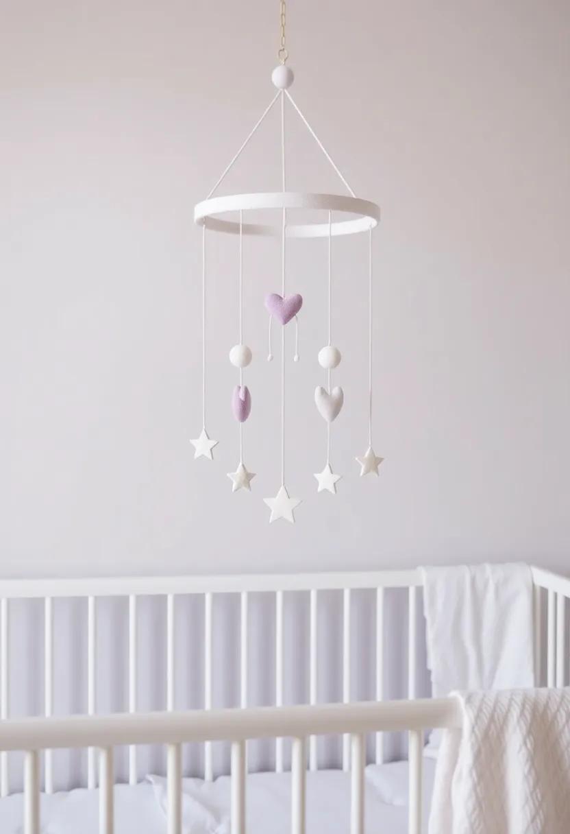 create a whimsical mobile: Hang⁤ a lavender and white ‍mobile above the crib ⁤for​ visual​ stimuli to ‌engage the baby