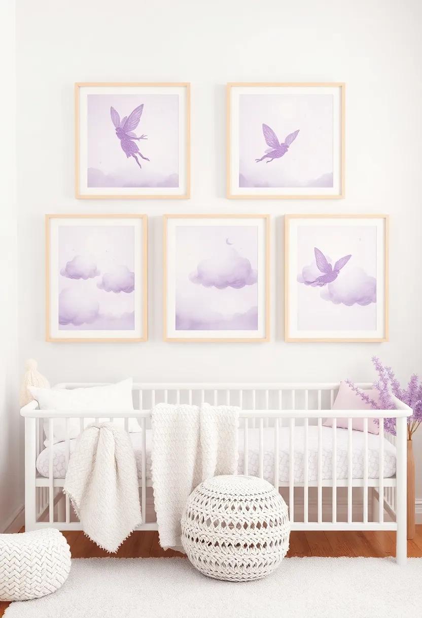 Decorate with Pastel Artwork: Hang framed⁢ prints that incorporate white and lavender hues, showcasing whimsical themes ⁣like fairies⁤ or clouds