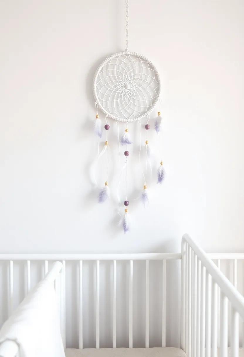Hang a Dreamcatcher:‍ Add a white​ and lavender dreamcatcher above the crib to symbolize protection and sweet dreams