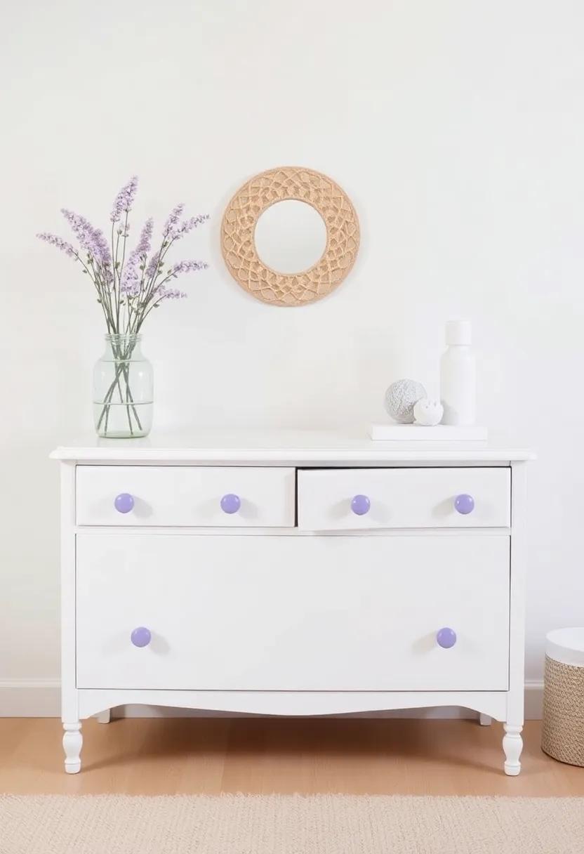 incorporate a Dresser with Character: ‍Get ⁢a ⁢vintage dresser painted in ⁣white, accentuated with lavender ‍knobs for that ‍extra charm