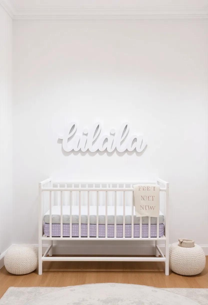 personalize with Name Art: Feature bespoke wooden or‍ canvas‌ name art in lavender and white that adds a personal‍ touch to‌ the⁢ space
