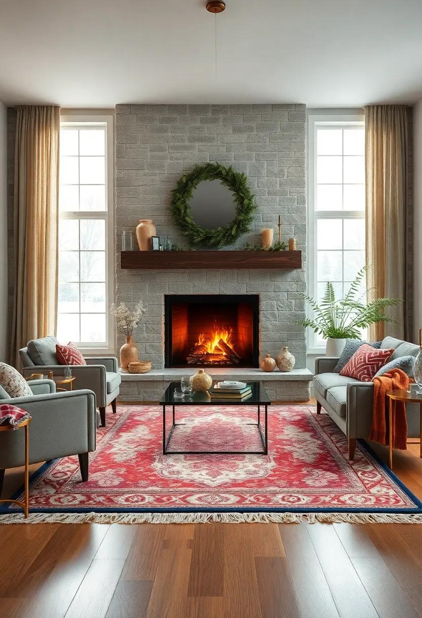 Incorporate a vintage rug layered over hardwood ⁤floors around a cast-iron fireplace for extra warmth and‍ character