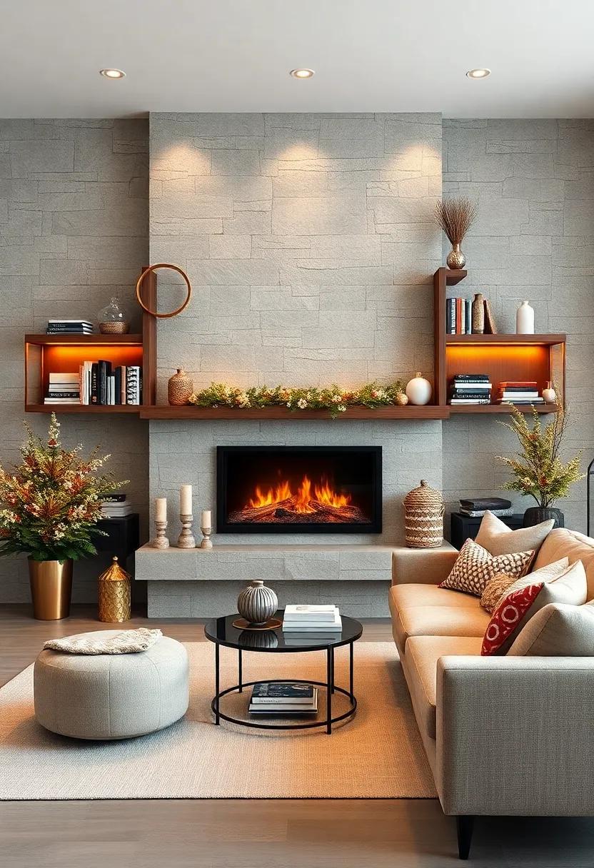 Add⁣ a⁢ modern twist with‍ a wall-mounted electric ‌fireplace surrounded by sleek shelving filled with ‌winter-themed books and decor