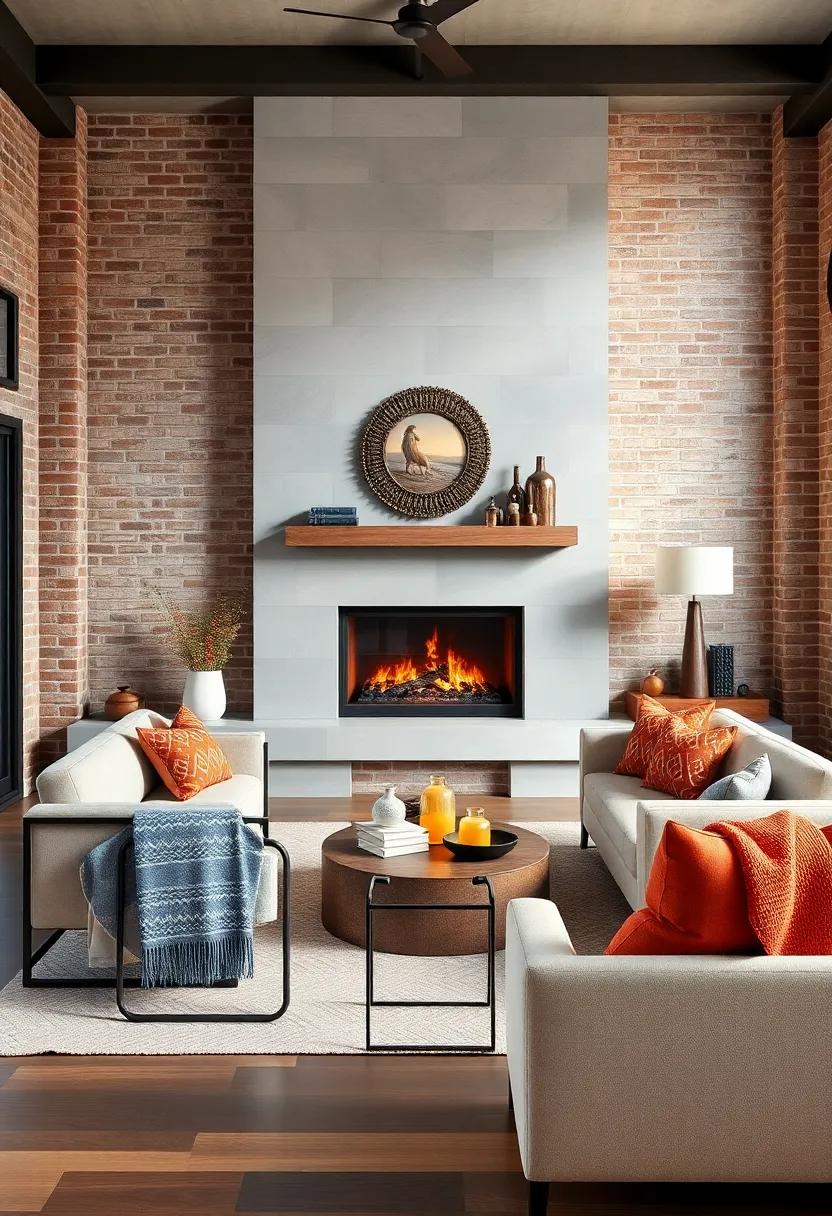 Combine industrial⁤ elements like metal-framed furniture and exposed brick with cozy textiles around the‍ fireplace for ​balanced warmth