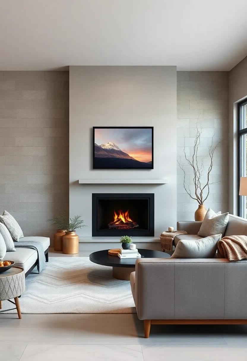 Create a minimalist winter retreat featuring a sleek ⁣black fireplace⁣ complemented by soft​ gray textiles and natural wood accents