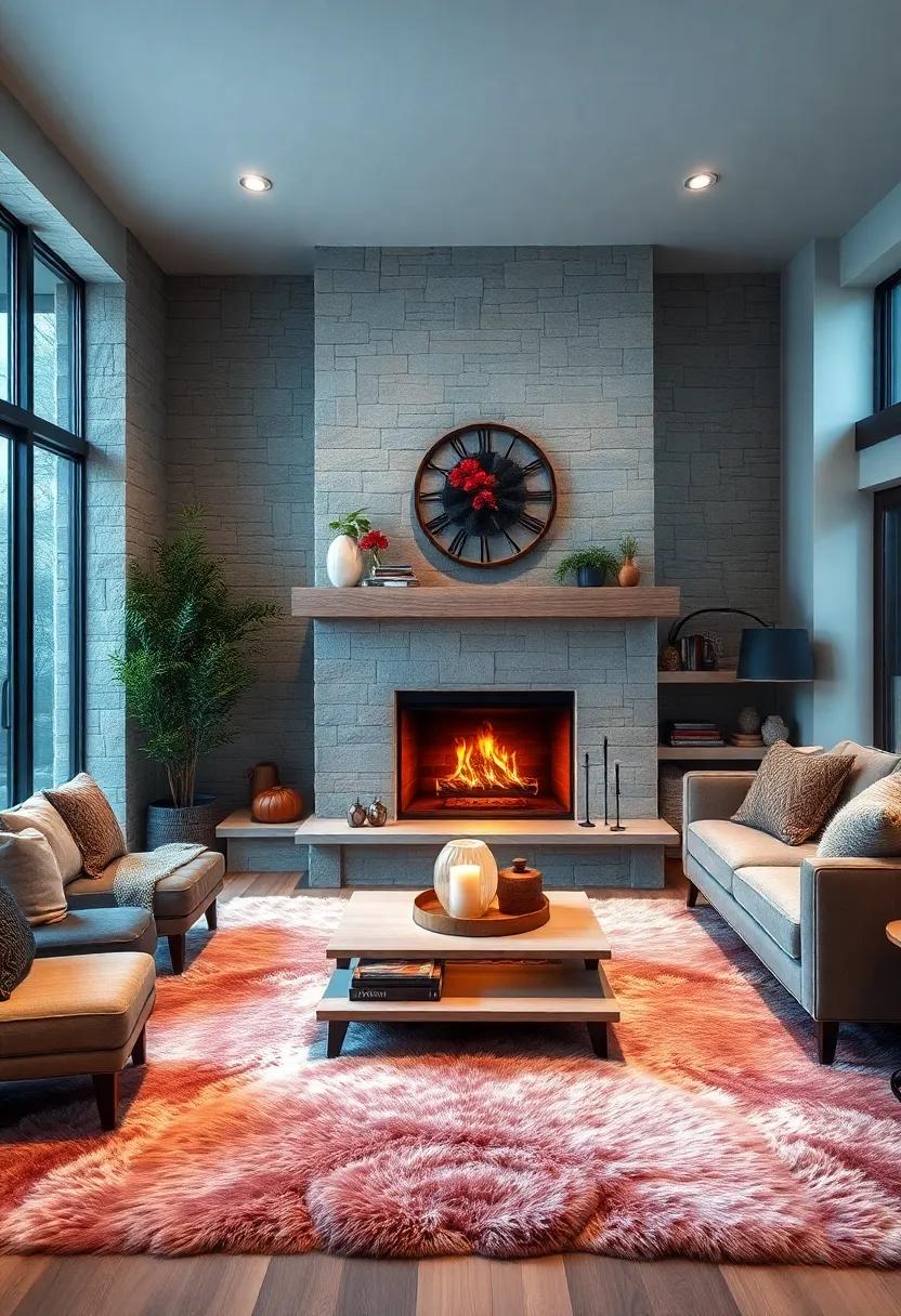 Combine modern ​design⁤ and rustic elements​ by pairing a ‌concrete ‌hearth with soft faux fur rugs and ambient lighting