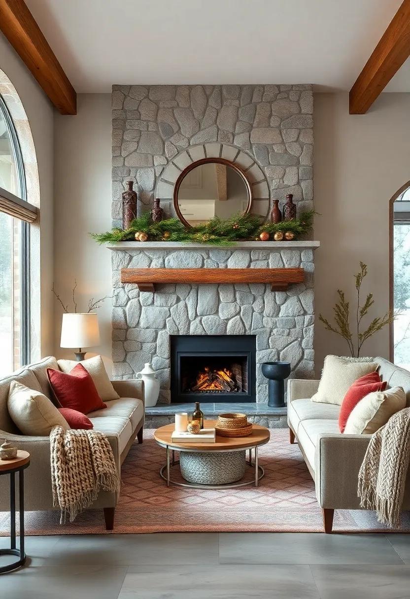 Layer textures with chunky knit blankets, velvet cushions, and a vintage wooden mantel to evoke a cozy⁢ cabin feel