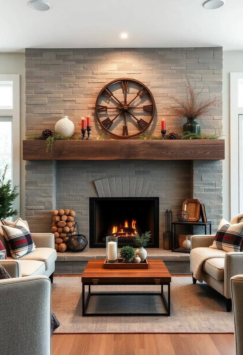 Style a modern farmhouse ⁣fireplace with ⁤a reclaimed wood mantle, plaid cushions, and rustic metal‍ accessories