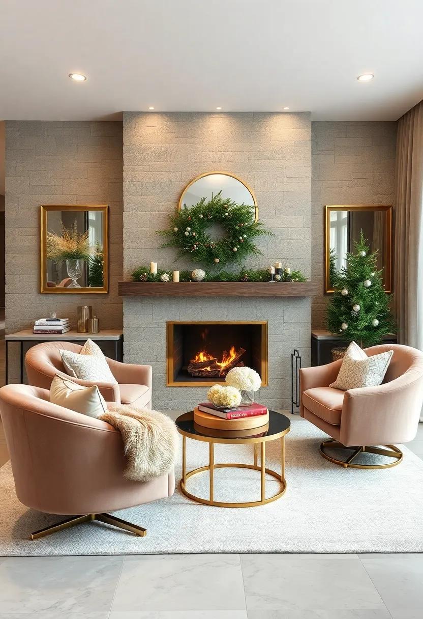 Bring ⁣in a touch ‌of glam with velvet swivel chairs, a ⁢plush fur⁢ throw, and a ‌gold-trimmed fireplace for⁤ a luxurious⁣ winter retreat