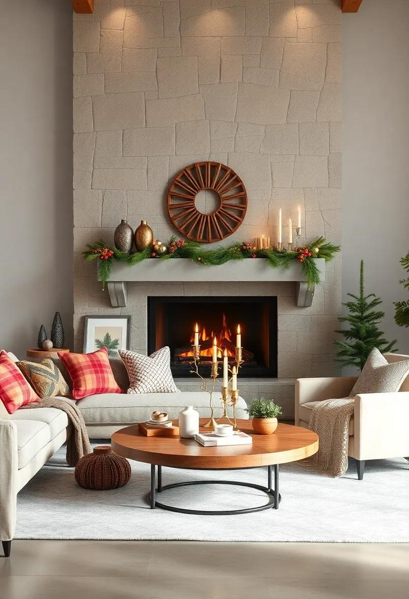 Style mantel decor with a mix of metallic ornaments and natural pine garlands for a balanced festive look