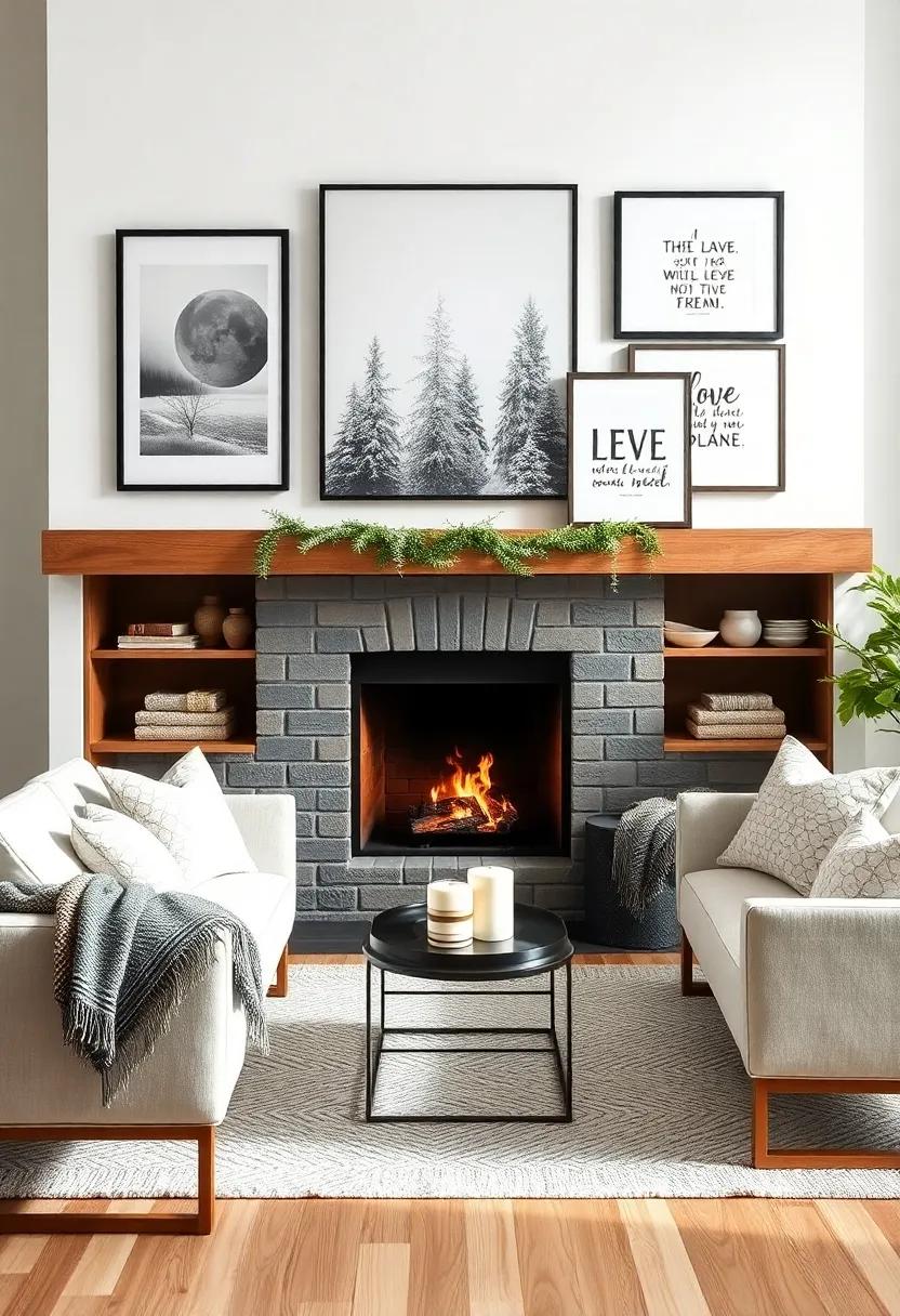 layer different-sized ​frames⁢ featuring winter‌ photography or quotes‍ to create an ⁤inspiring gallery wall​ near your fireplace