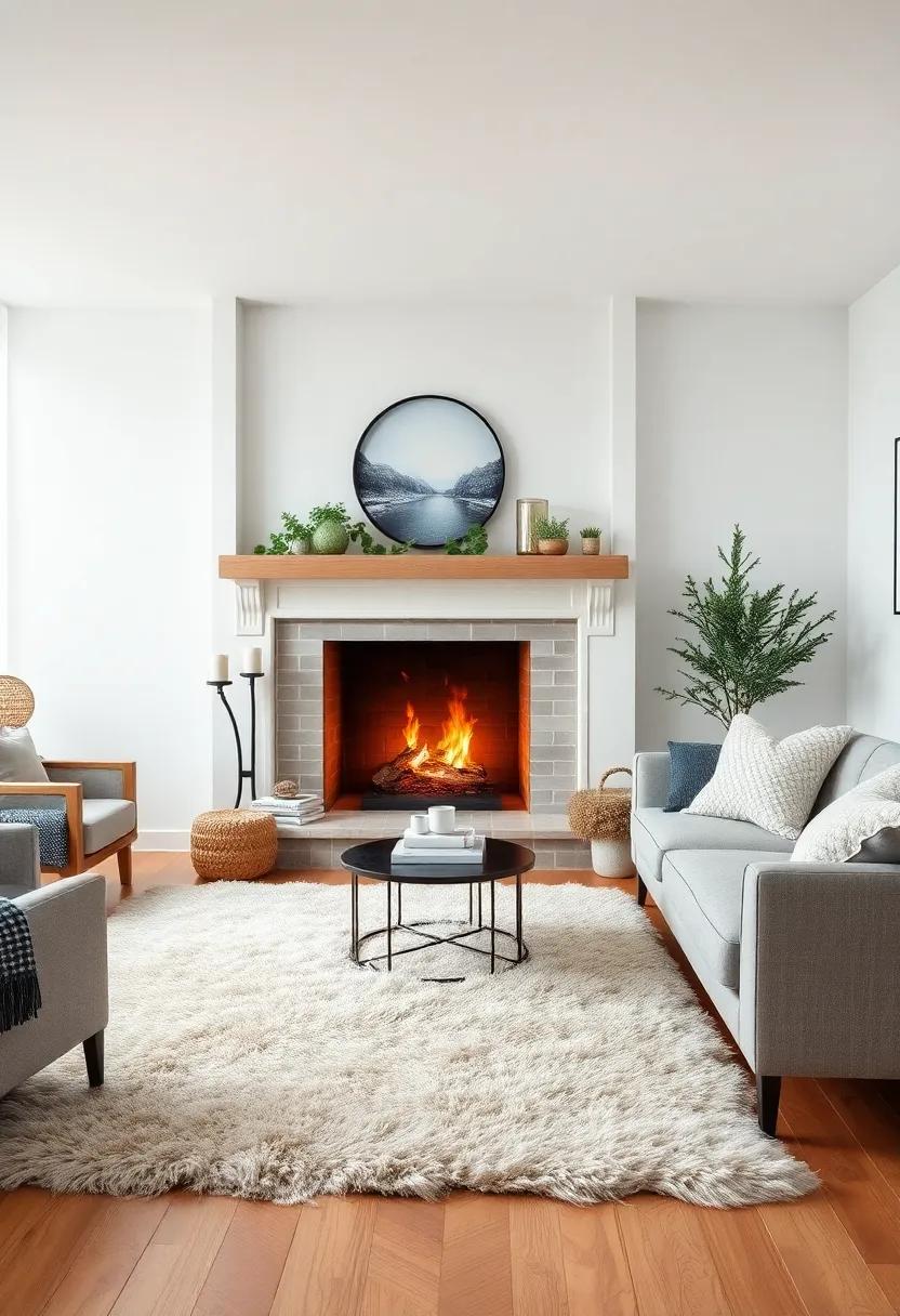 A faux fur ​area‍ rug ⁣in⁢ front of the​ fireplace adds softness to ‌the⁣ room ⁢while ⁣keeping ⁣your toes toasty warm