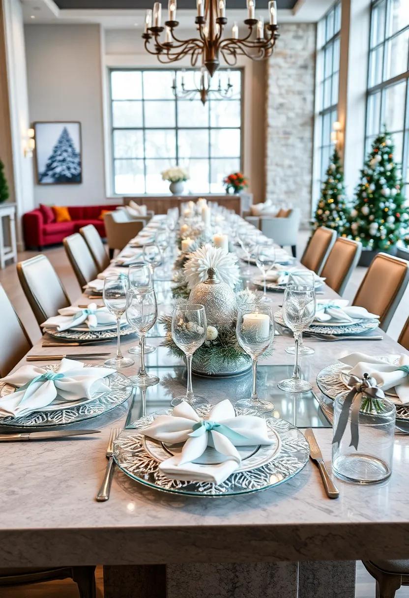 Frosted Elegance: A crystal-clear glass table ⁤set with silver snowflake chargers and shimmering silverware,‍ accented by‍ white ‍linen napkins tied with delicate icy blue ribbons