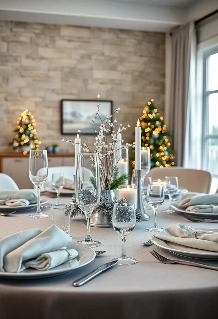elegant‌ Icicle Glow: ‍Tablescape ‍featuring silver icicle-shaped glassware, ‍a garland⁢ of ‌twinkling ‌white lights intertwined with silver tinsel, and​ pale blue accent ‍candles