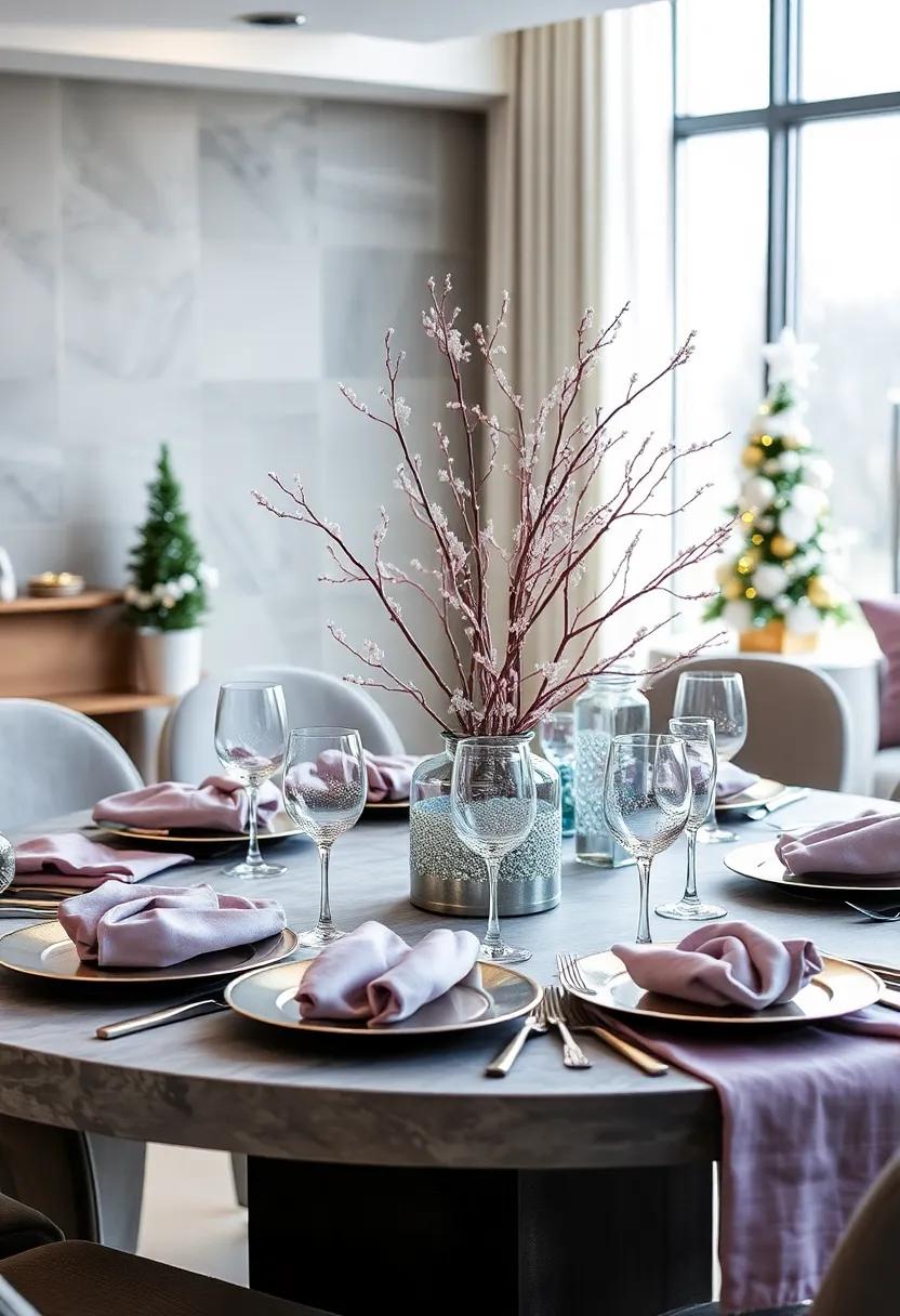 Arctic Twilight Sparkle: Soft lavender and silver tones combined with ⁤metallic chargers,⁣ shimmering goblets, and a centerpiece featuring⁤ lilac-tinted branches dusted with glitter