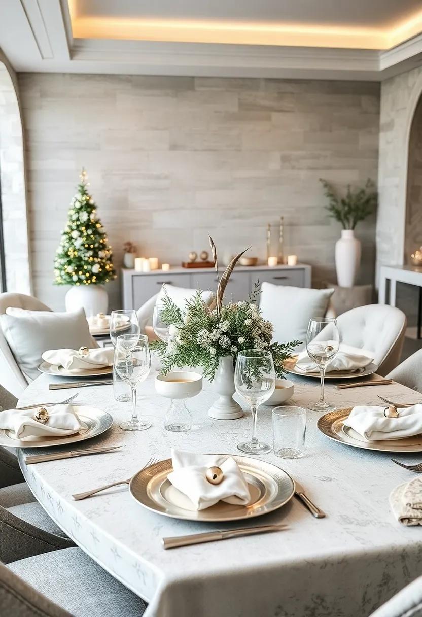 Winter Silver Opal: Soft pearlescent table ⁤settings with iridescent silver chargers, opal-inspired ⁤glassware, and napkins adorned with tiny‌ silver bells for a festive touch