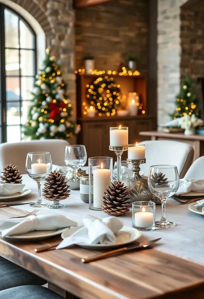 Silver Pinecone Dreams: bronze-toned pinecones ‌highlighted with silver spray paint arranged alongside clear glass votives and ‍white linen, offering a rustic yet ⁤elegant winter feel