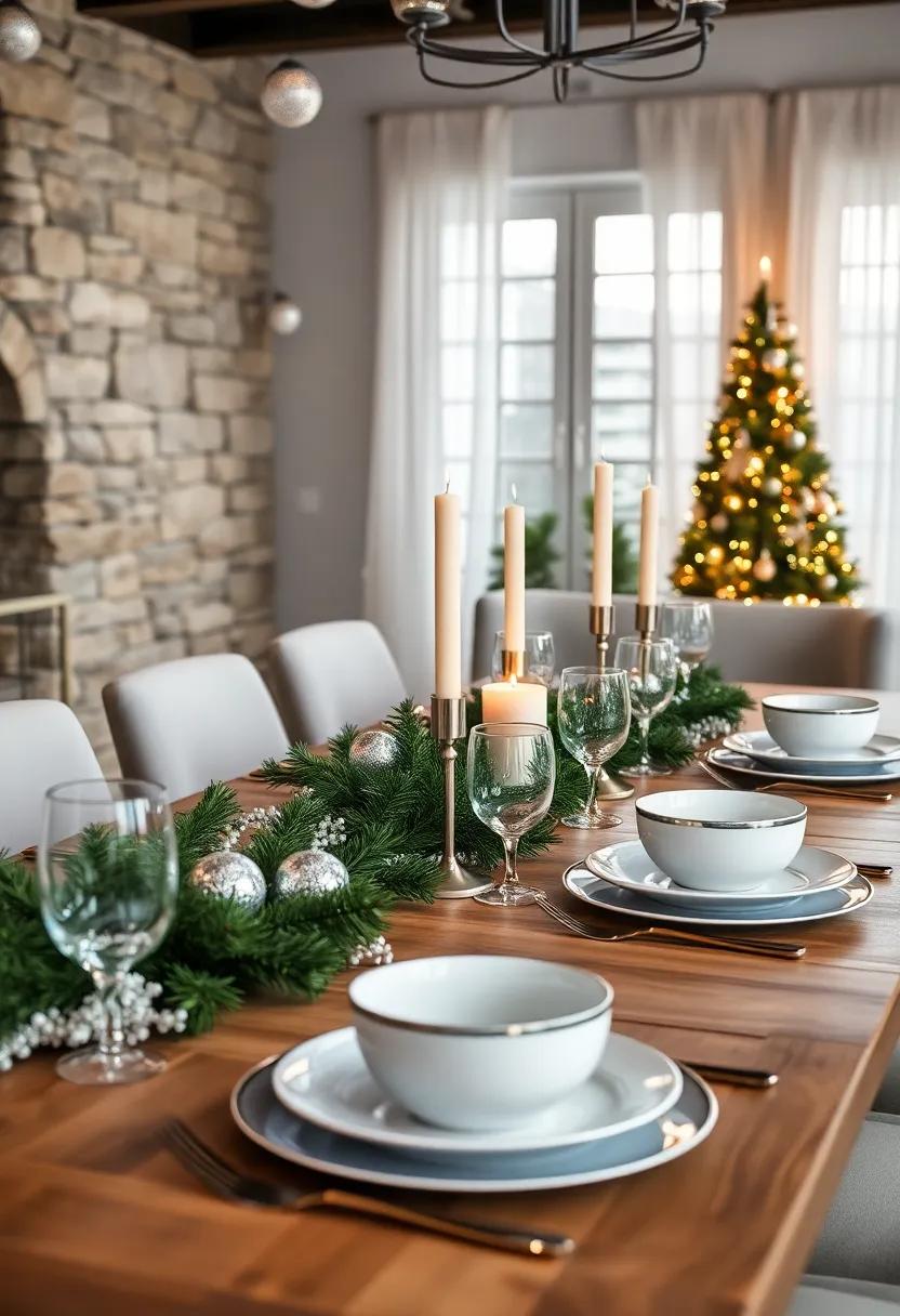 Glimmering Pine⁣ Table: Dark‌ green pine garlands intertwined with twinkling silver ​baubles, flickering silver candles, and elegant white porcelain dishes with silver trim