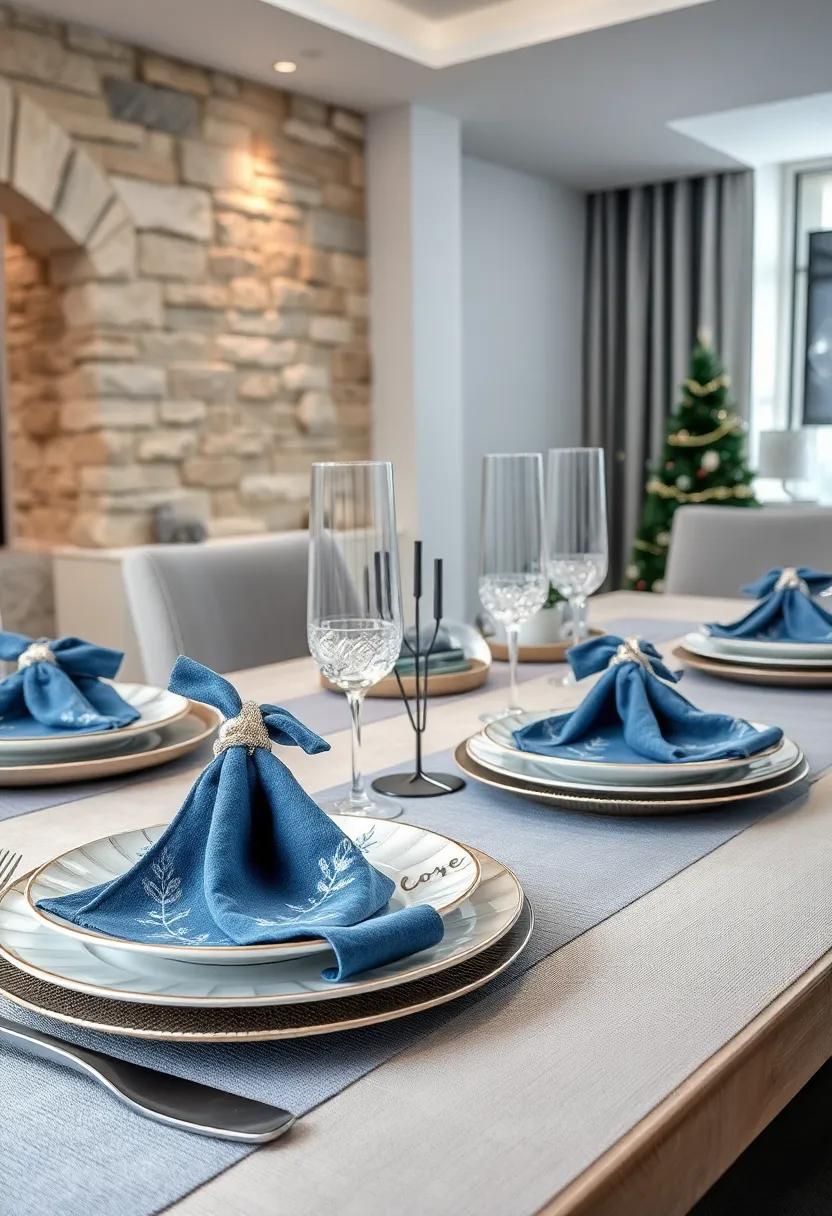 Silver Moonlight Feast: Dark slate placemats accented with gleaming silver flatware and ⁣shimmering silver rimmed glassware, topped with a​ bouquet ‌of white roses and silver eucalyptus