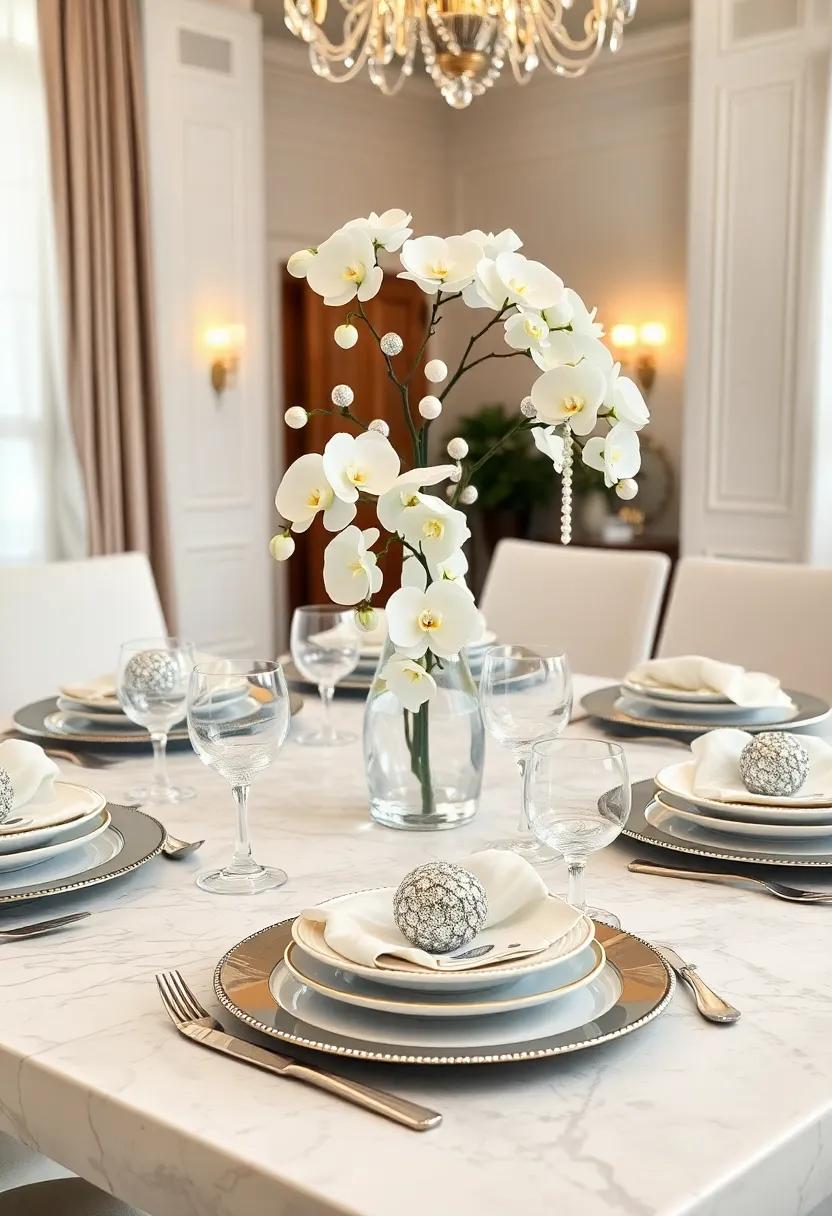 Elegant Snow Drift: ​Layers of white and silver ​plates ⁤accented by frosted glass creamers, shimmering silver napkin rings, and a cascading centerpiece of white⁤ orchids and silver beads