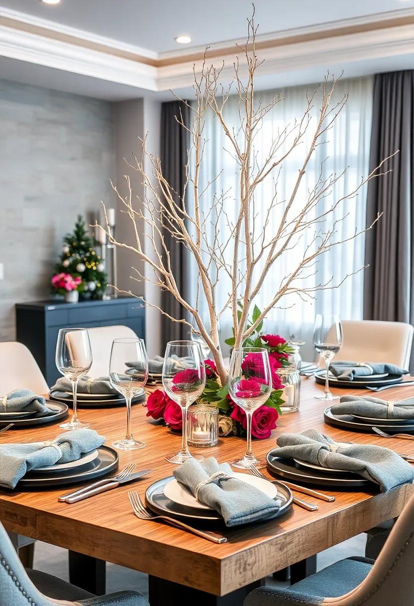 Silver Birch ‌Serenity: incorporate natural silver birch branches as a striking centerpiece, paired with brushed silver stemware ‍and soft grey ⁤velvet napkins