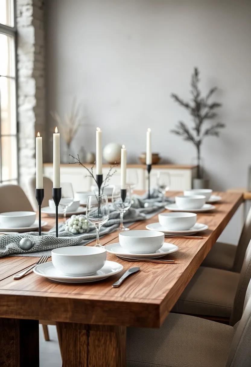 Nordic ​Silver ⁣Charm:‌ Raw wooden table dressed with silver mesh runners, ‌iron ​candle holders, and minimalistic white porcelain with⁤ subtle silver‍ brushstroke​ designs for a Scandinavian winter⁣ vibe
