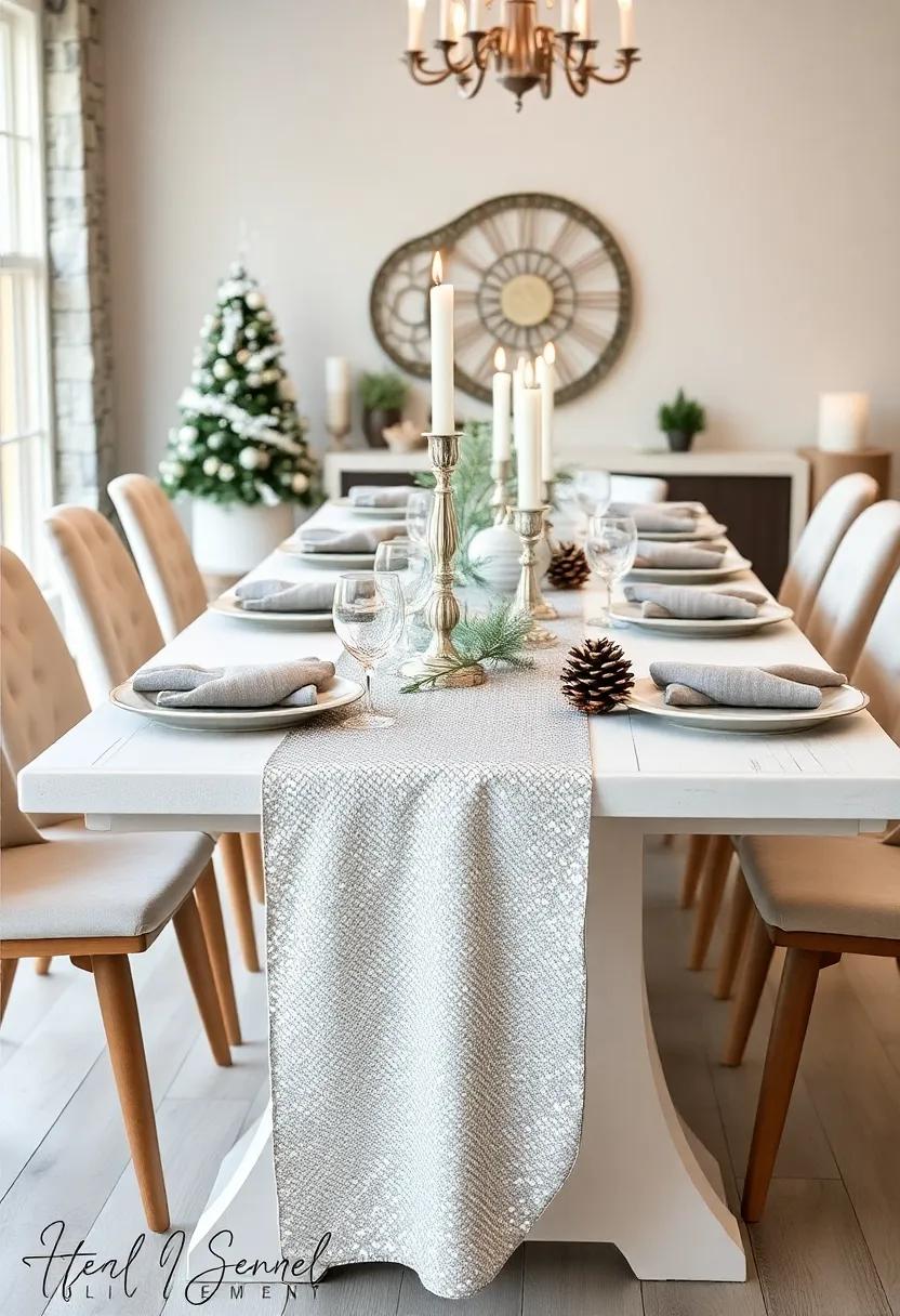 Winter Wonderland ‌Charm: A white wooden table ⁤draped with a silver sequin⁣ runner, featuring ‍silver candle holders shaped like ‍icicles and ⁢frosted pinecone centerpieces